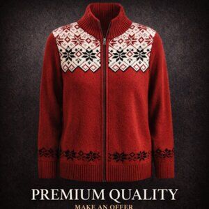 Basic Editions Red Nordic Fair Isle Full Zip Cardigan Sweater Women's Large